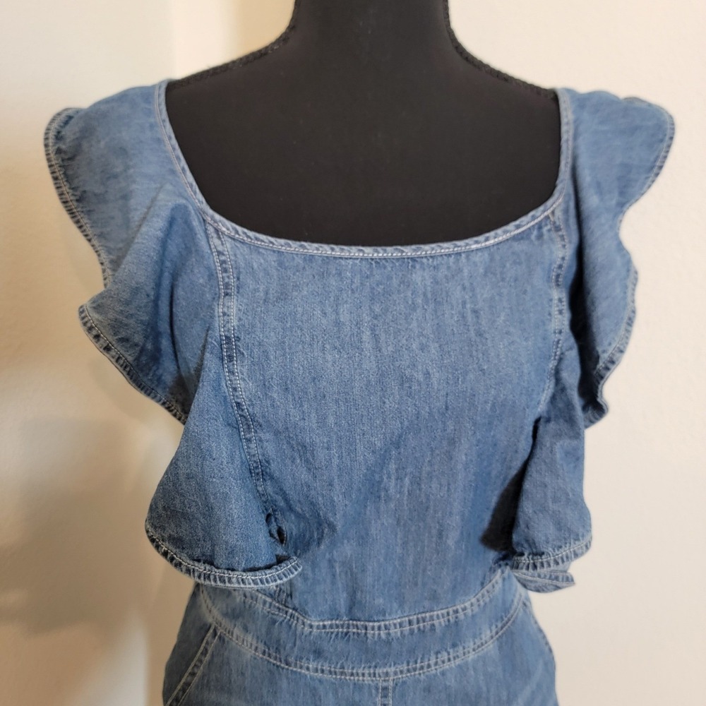 Blue Denim Ruffle Lace Up Back Cut Out Romper Small Wash Boho Festival - Picture 5 of 15